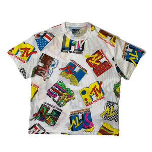 MTV Shirt Mens L Large White Classic Retro Music Television All Over Print AOP